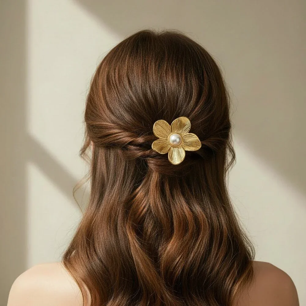 18K Gold Plated Stainless Steel Floral Hair Comb Barrette Pearl Statement Clip